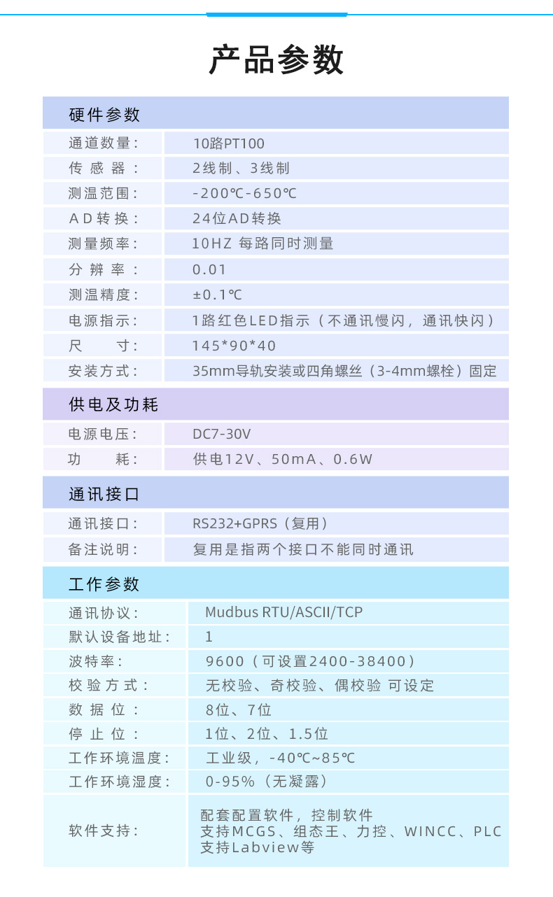 云平臺 DAM-PT10 GPRS版 溫度采集模塊產(chǎn)品參數(shù)